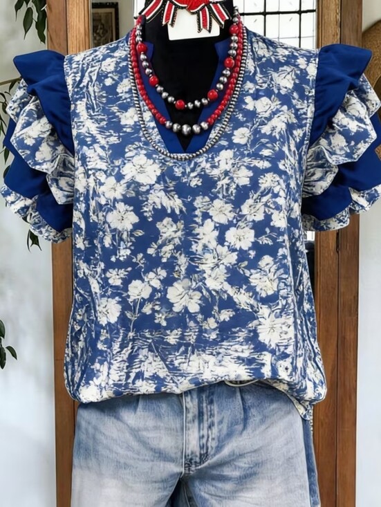 Clothes Tree Boutique Tops - Blue Floral Ruffle Cap Sleeve Women's Top